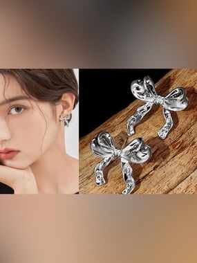 Silver Bow Stud Earrings - Shiny Bow Design